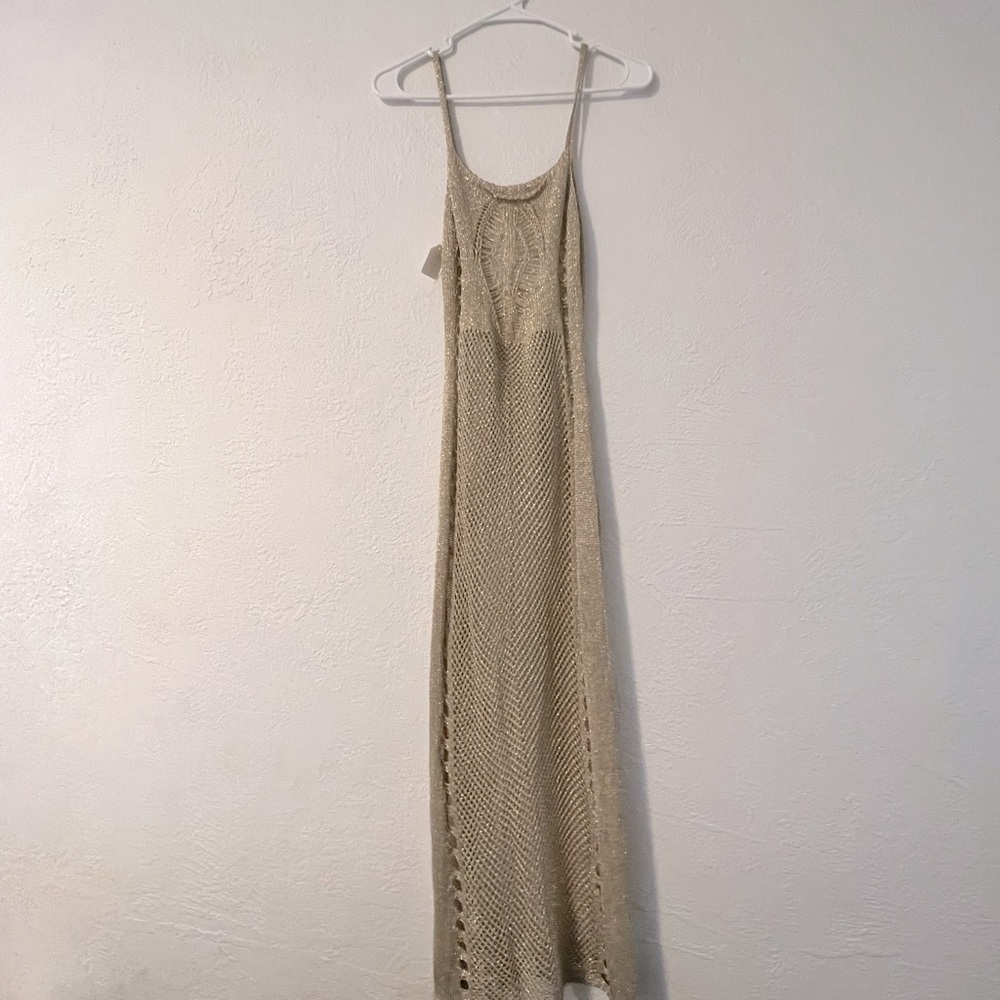 mesh crochet gold maxi dress